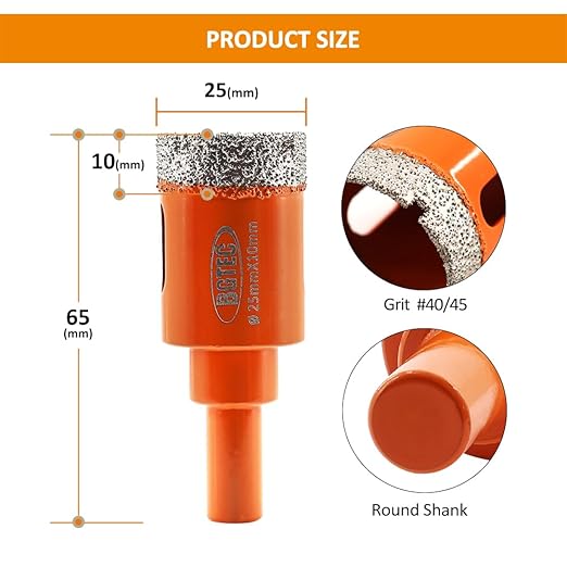 Dry Diamond Drill Bit - BGTEC 1pc 1" 25mm Hole Saw for Granite,Marble,Masonry, Concrete, Tile/Ceramic, Glass, Hard Plastic,Vacuum Brazed Diamond Core Drill Bit Kit