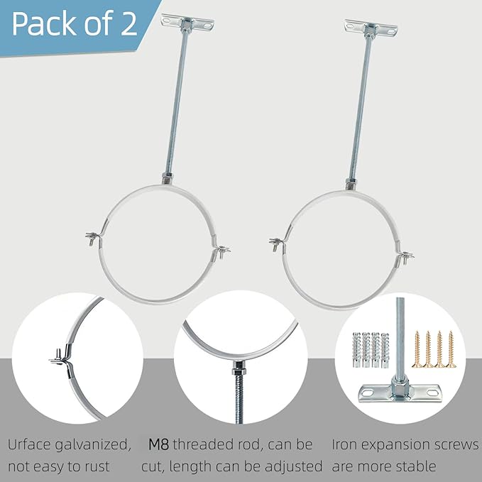 2 Sets Adjustable Pipe Bracket，Heavy Duty Galvanized Iron Stove Pipe Hanger Strap，Wall Support Chimney Pipe Holder，Round Split Ring Vent Conduit Carrier Kit，with All Mounting Screws (4-Inches)