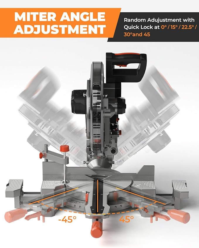 12-inch Compound Miter Saw with Double Bevel Cutting (-45/0/+45), Laser Guide, 9 Positive Stops, 3800RPM, 15Amp Miter Saw with Extension Table, 4.2x13in Cutting Capacity