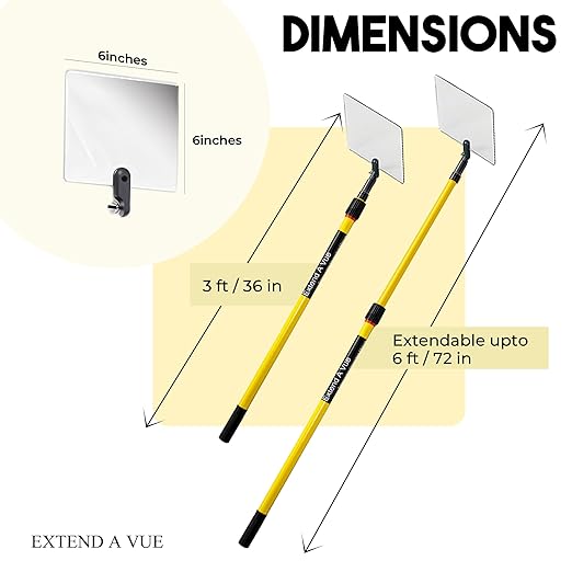 Telescoping Inspection Mirror - Standard Fiberglass, Lightweight & Durable, 3 ft - 6 ft Pole, 6 x 6 inch Acrylic Mirror