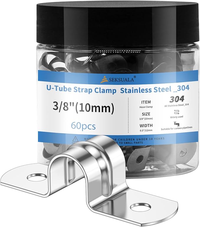 60Pcs 3/8 Inch (10mm) 304 Stainless Steel Conduit Clamps, U-Tube Strap Pipe Clamp 2 Hole Strap U Bracket Rigid Pipe Strap Clamps Metal Conduit Strap Tension Clips U-tube Clamp