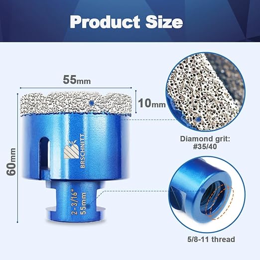 55mm Diamond Core Drill Bit for Porcelain Tile Ceramic Marble Granite Drilling,BRSCHNITT 1pc Vacuum Brazed Diamond Hole Saw with 5/8-11 Thread (55mm)