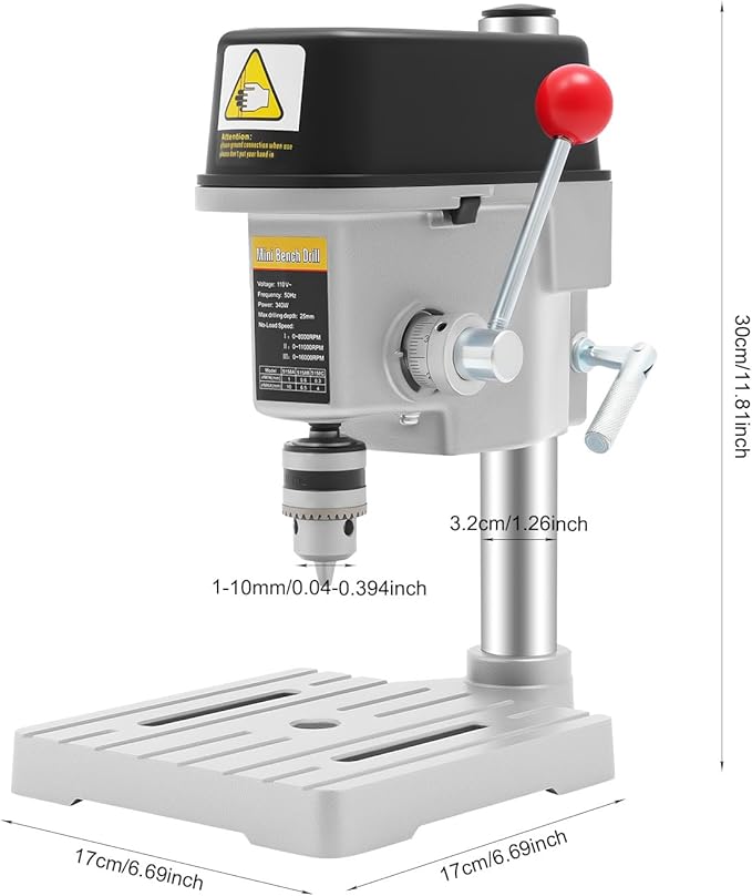 3-Speed Benchtop Drill Press Table, Electric Bench Drilling Machine, Mini Drill Press Stand, Tabletop Drilling Machine 110V, 340W Copper Motor Variable Speed, 0-16000 RPM