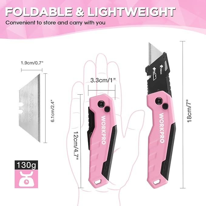 WORKPRO Folding Utility Knife, Quick Change Box Cutter, Razor Knife for Cartons, Cardboard, Boxes, Blade Storage in Aluminum Handle, 13 Extra Blades Included - Pink Ribbon