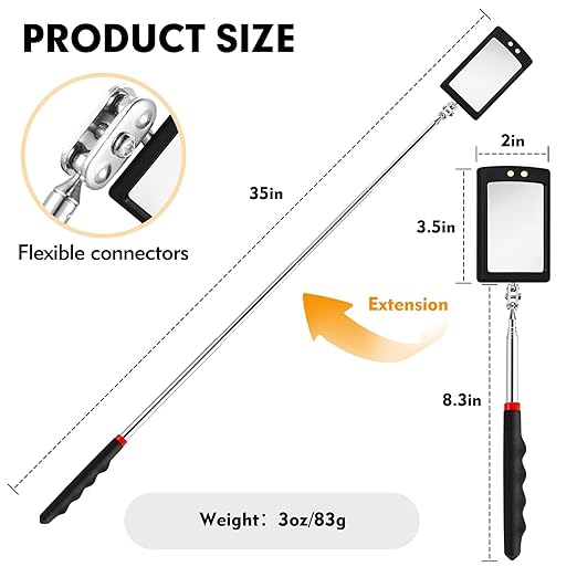 12-35 Inch Extendable Inspection Mirror, 360-Degree Rotation LED Inspection Mirror Telescoping, Telescoping Mirror for Mechanic Checking Vehicle and Extra Viewing