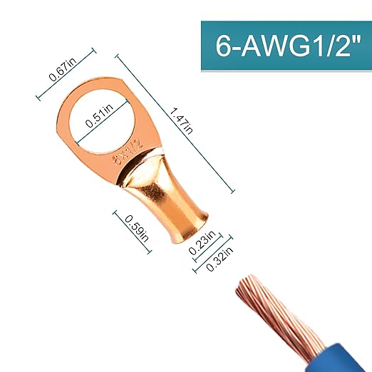 Battery Cable Ends, 8PCS 6 Gauge Wire Connectors 1/2 Copper Wire Lugs, Bare Copper Eyelets with Heat Shrink Tubing