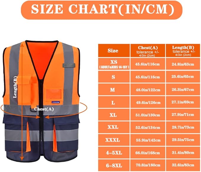 Orange&Navy Small High visibility vest,Reflective Safety Vest Workwear 7 Pockets Hi Vis Durable Vest with Reflective Tapes 4 Lower Pockets