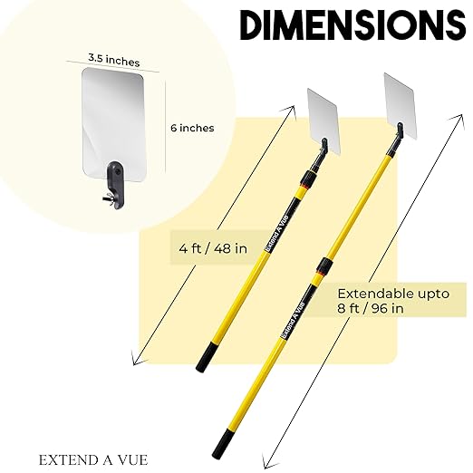 Telescoping Inspection Mirror - Standard Fiberglass, Lightweight & Durable, 4 ft - 8 ft Pole, 3.5 x 6 inch Acrylic Mirror