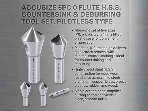 Accusize Industrial Tools 5 pc 90 Deg 0-Flute HSS Countersink & Deburring Tool Set, Pilotless Type, 0206-0490
