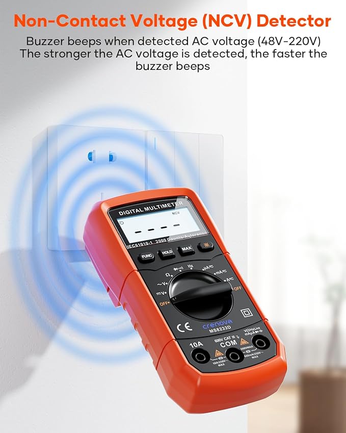 Crenova MS8233D Multimeter 6000 Counts Digital Multimeter DC AC Volt Meter Ohm Volt Amp Tester Measures Voltage Current Resistance Capacitance Continuity Diode Duty-Cycle Frequency NCV Live Wire Test