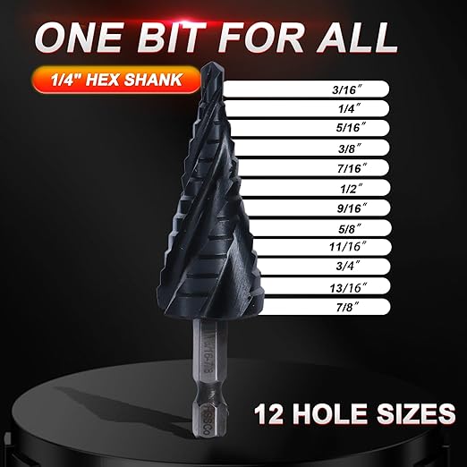 M35 Cobalt Step Drill Bit,Four Spiral Flute Step Drill Bit 3/16"-7/8" （12 Sizes ） Wear-Resistant TiAlN Coated,1/4" Hex Shank Drill for Metal, Stainless Steel, Aluminum, Plastic