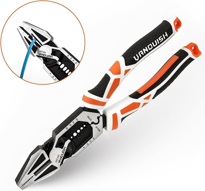 VANQUISH 8-in-1 Linesman Pliers, 8’’ Multipurpose Combination Pliers Wire Cutter/Crimper/Stripper, CRV Steel Hand Tool, Heavy Duty Side-Cutting Pliers for Crimping, Stripping, Shearing, Screwing, 3238