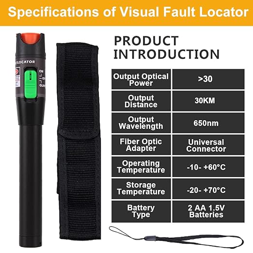 Visual Fault Locator 30KM, VFL Fiber Optic Tester Kit Include Single Mode 9/125um FC Male to LC Female Adapter, Fiber Light Pen for Network Cable Test