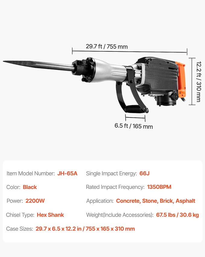 VEVOR Demolition Jack Hammer, 1350 BPM Concrete Breaker 6pcs Chisels Bit Chipping with Case, 2200W Electric Jackhammer Heavy Duty, Black