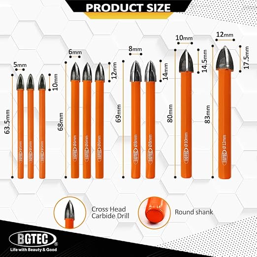 Carbide Tip Drill Bit-BGTEC Wood Drill Bits, 10pcs Round Shank 3/16"*3+1/4"*3+5/16"*2+3/8"+1/2" Cross Hard Alloy Drill Bits for Wood Plastic Masonry Brick