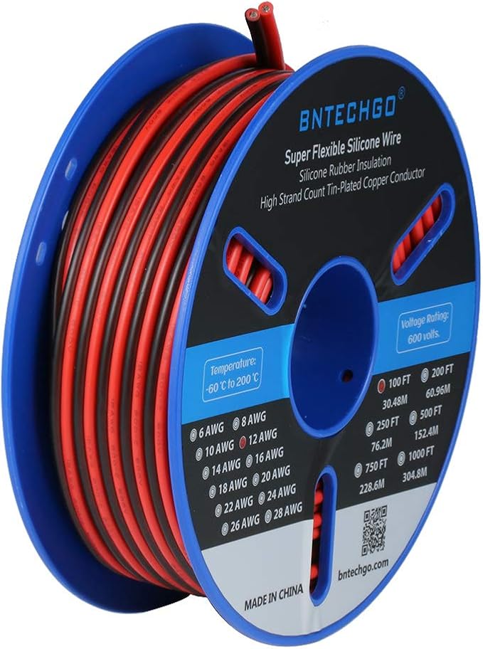 BNTECHGO 12 Gauge Flexible 2 Conductor Parallel Silicone Wire Spool Red Black High Resistant 200 deg C 600V for Single Color LED Strip Extension Cable Cord,Model 100ft Stranded Tinned Copper Wire