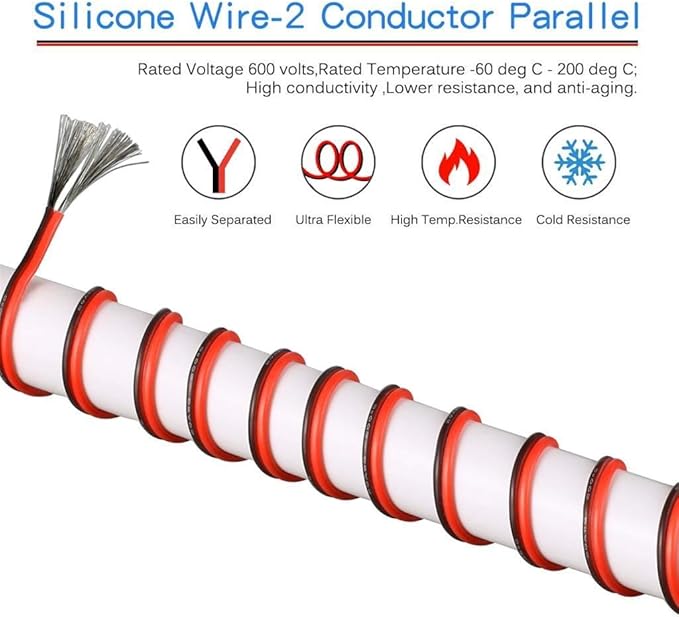 BNTECHGO 20 Gauge Flexible 2 Conductor Parallel Silicone Wire Spool Red Black High Resistant 200 deg C 600V for Single Color LED Strip Extension Cable Cord,Model,100ft Stranded Tinned Copper Wire
