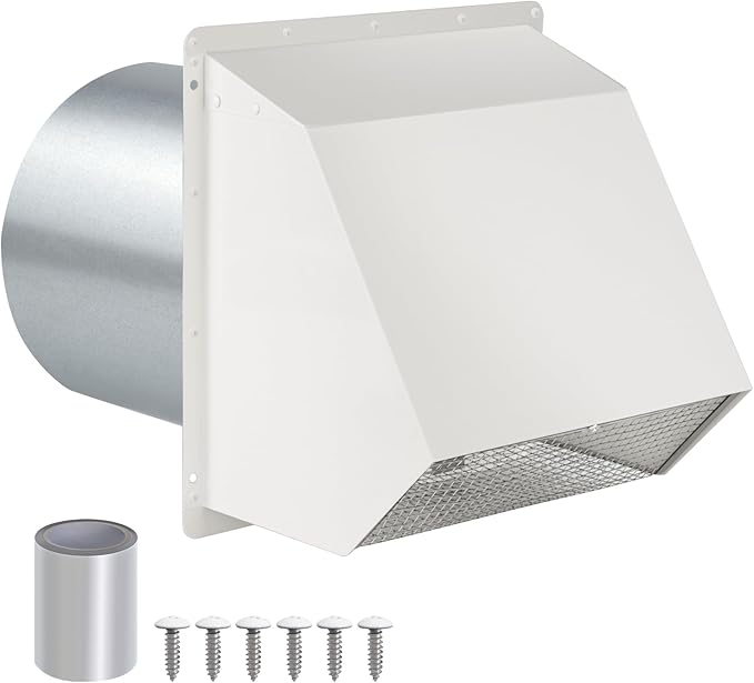 6 Inch Hooded Wall Vent with Screen and Damper,Wall Exhaust Vent Cover Cap,Dryer Vent Cover Outside,External Extractor Wall Vent Hood for House Kitchen Range Hood Air Ventilation,Galvanized Steel,Whit