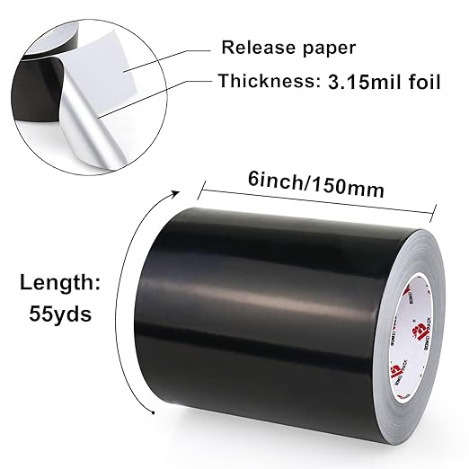 BOMEI PACK Black Aluminum Tape,Black Foil Tape HVAC Sealing & Patching Hot Cold Air Duct Tape Aluminum Foil Tape for Pipe, Metal Repair, HVAC, Air Ducts, Insulation (6 Inch)