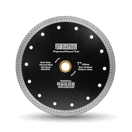 DT-DIATOOL Diamond Granite Blade 7 Inch for Marble, Porcelain, Ceramic, Brick. Titanium Carbide, Circular Saw Blade. Recommended RPM: 5000, Max RPM: 8500