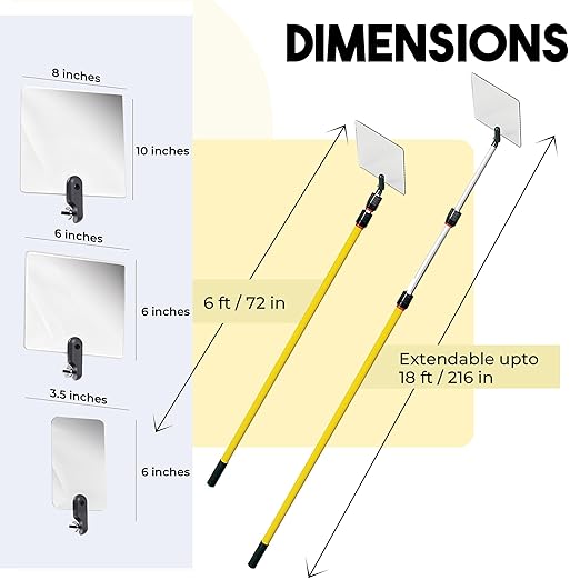 Inspection Mirror - Telescoping Heavy Duty, Lightweight & Durable, 6 ft - 18 ft Pole, 3 Size Acrylic Mirror
