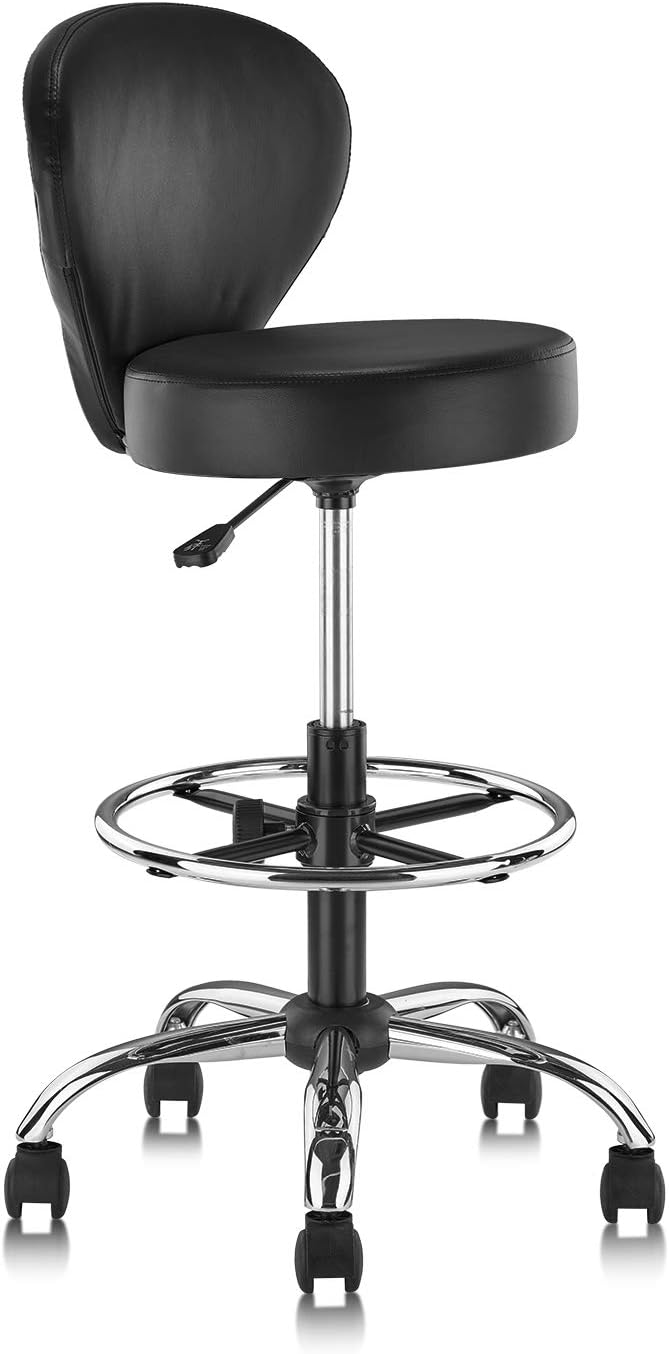 PVC Faux Leather Drafting Chair Rolling Swivel Salon Stool Seat Adjustable Height 30 Inch with Back Support Foot Rest Hydraulic Wide Seat Diameter 15 in for Tattoo Beauty Barber Lash