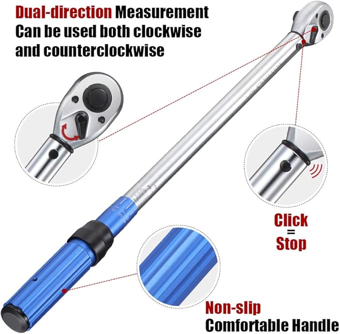 1/2-inch Drive Click Torque Wrench Set Dual-Direction Adjustable 90-tooth Torque Wrench with Buckle（25-250ft.lb / 33.75-337.5Nm）