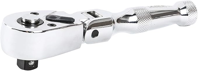 ARES 42044 - Flex Head Stubby Ratchet - 3/8-Inch Drive 72-Tooth Ratchet - Premium Chrome Vanadium Steel Construction & Mirror Polish Finish - Quick Release Reversible Direction Head Design