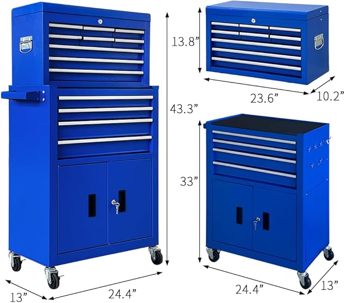 13 Drawers Rolling Tool Chest with Double Door Handle,Large Capacity Tool Storage Cabinet With Drawers, Locking Mechanical Tool Cart With Liner,Portable Tool Box For Repair Workhop (Blue)