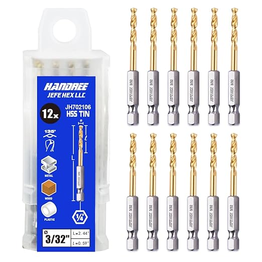 JEFE HEX 3/32" 12 PCS Hex Shank Drill Bit for Quick Change, HSS Titanium Twist Bit, 135 Degree Split Point, Precision Start Drill Bit for Wood, Plastics, Steel, Copper, Aluminum Alloy (Pack of 12)
