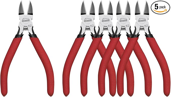 Wire Cutters 5 Pack, 5 Inch Wire Cutters Set, HOUSERAN Side Cutters Flush Cut Pliers, Spring Loaded Cutting Pliers with Non-slip Red Handle, Dikes Wire Cutters Snips for Model Kits, Crafting, Zip Ties