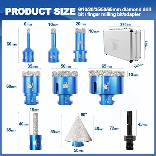 Diamond Core Drill Bit Set for Porcelain Tile Ceramic Marble Granite Drilling,BRSCHNITT 9pcs Vacuum Brazed Diamond Hole Saw with 5/8-11 Thread （1/4" 3/8" 4/5" 1-3/8" 2" 2-1/2"）