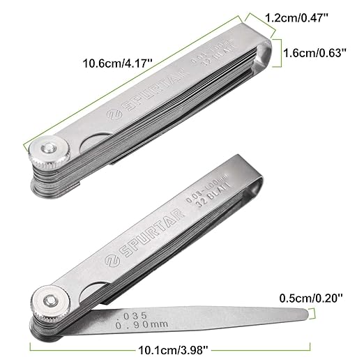 Spurtar Feeler Gauges 0.001-0.04" (0.03-1.00mm) 32 Blades Tapered Feeler Gauge Set Stainless Steel Dual Marked SAE and Metric for Measuring Gap Thickness or Width for Spark Plug, Valve, Piston, Guitar