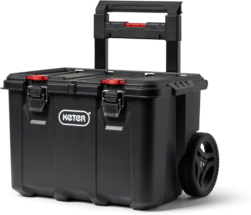 Keter Stack-n-Roll Modular Tools Organizer for Garage Storage and DIY, 4 Piece Resin Rolling Tool Box System for Small Parts, Black