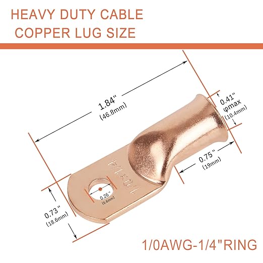 10pcs 1/0 AWG-1/4”(M6) Ring Terminals 0 Gauge Copper Wire Lugs Battery Cable Ends Heavy Duty Battery Cable Terminal Connectors