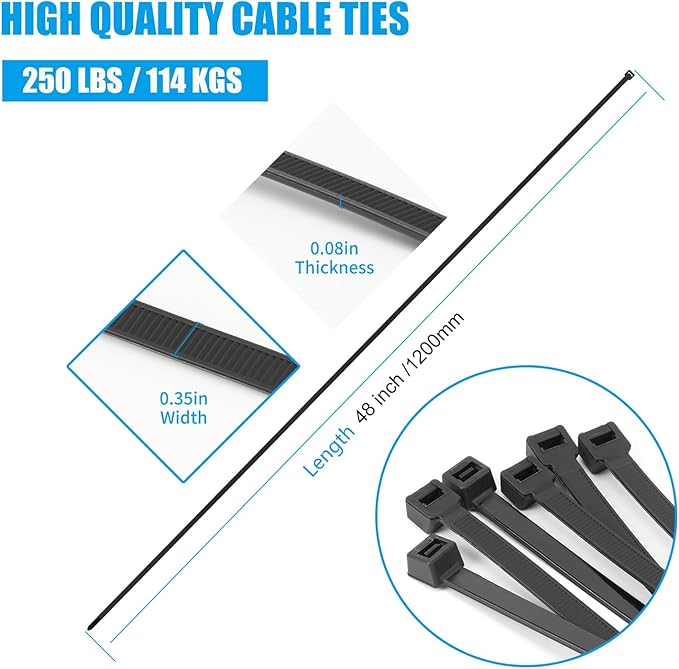 48 inch Black Zip Ties Heavy Duty 20PCS, 200LBS Ultra Exclusive Strong Plastic Wire Ties, Large Cable Ties Extra Long Tie Wraps, Indoor and Outdoor UV Resistant