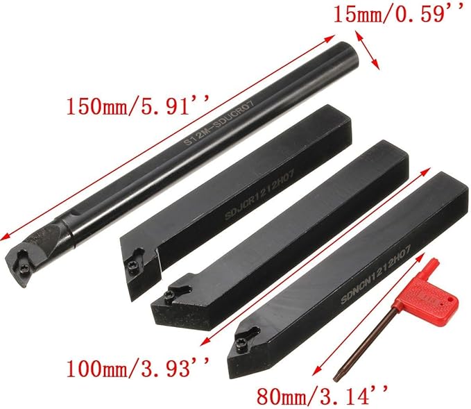 14Pcs Indexable Lathe Turning Tool 1/2"12mm,4PCS Metal Lathe Turning Tool Holders S12M-SDUCR07/SDJCR1212H07/SDNCN1212H07/SDJCL1212H07 with 10pcs DC070204 Carbide Inserts,4pcs Wrenches