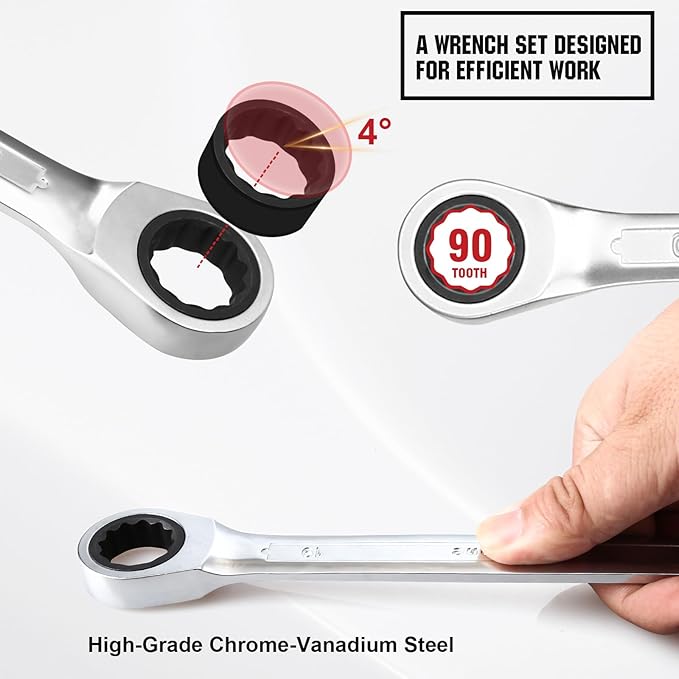 12pcs Ratchet Combination Wrench Set Metric And Standard, Ratcheting Wrench Set with Organizer Box, 12 Point Wrench Se t, Cr-V Constructed, 90-Teeth, Metric 8mm-19mm