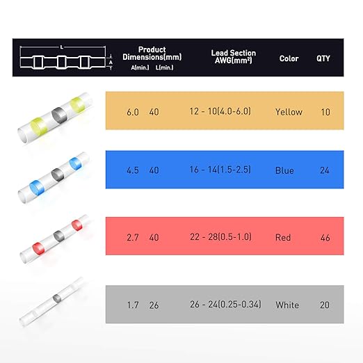 Nilight - 50025R 50pcs Solder Seal Wire Connector, Solder Seal Heat Shrink Butt Connectors,Electrical Waterproof Insulated Marine Automotive Copper(23Red 12Blue 10White 5Yellow),2 Years Warranty