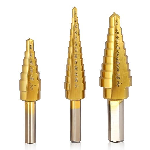 COMOWARE Step Drill Bit Set - Titanium Coated, Double Cutting Blades, High Speed Steel, Short Length Drill Bits Set of 3 pcs, Total 28 Sizes