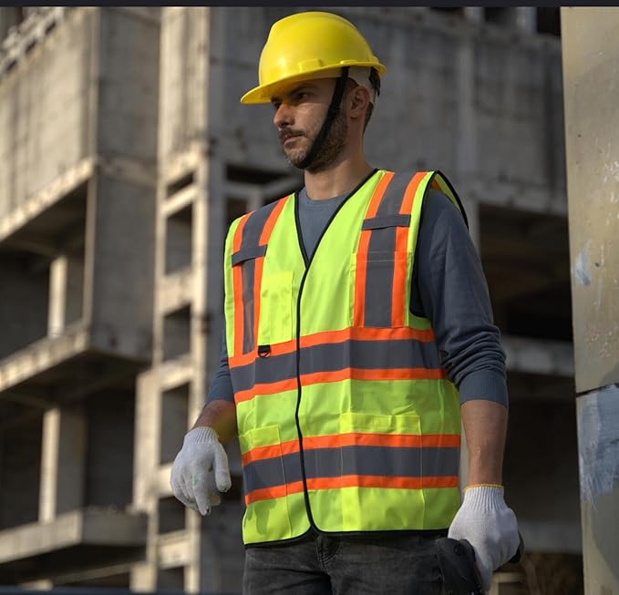 Dazonity High Visibility Safety Vest with Multi Pockets, Reflective Strips, Fit for Men & Women, Work, Construction,Cycling, Runnning, Surveyor, Volunteer (Yellow-3XL)