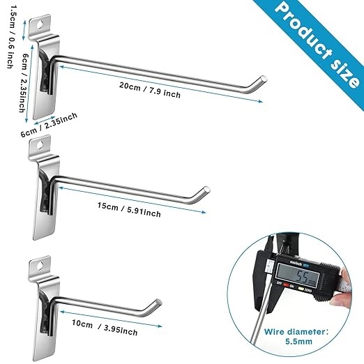 Ferraycle Slatwall Hooks 24 Pcs 4/6/8 Inch Slatwall Accessories Slat Wall Shelf Brackets Slat Wall Hanging Panel Hook Heavy Duty Pegboard Gridwall Display(Silver)