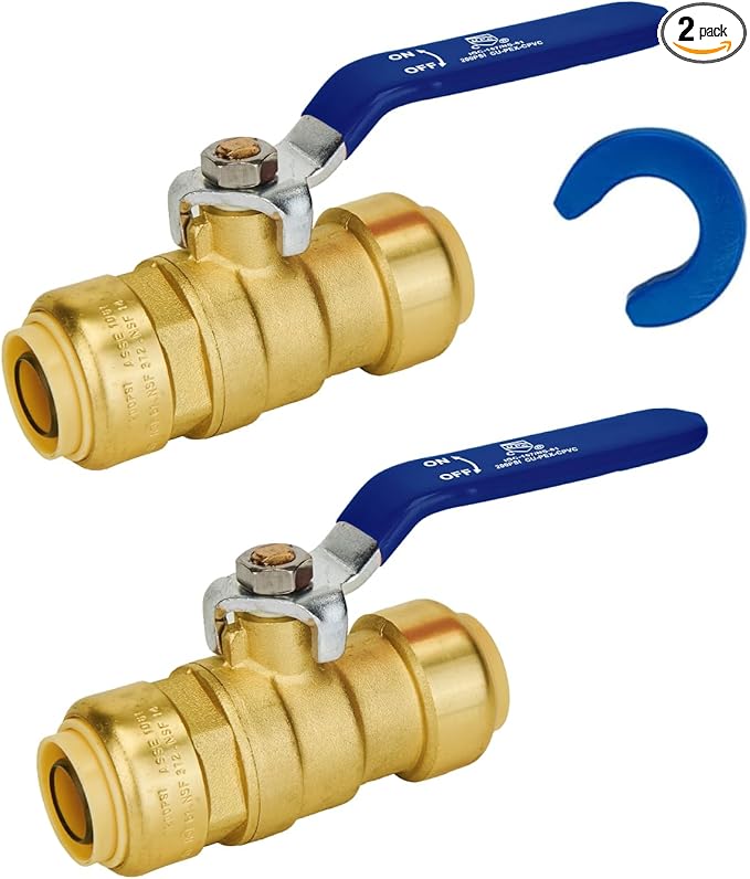 Shut Off Ball Valve 3/4 Inch, SUNGATOR 3/4 Inch Ball Valve, Push-to-Connect Water Shutoff with Blule Handle, No Lead Brass Plumbing Fittings for PEX Pipe, Copper,CPVC, Pack of 2