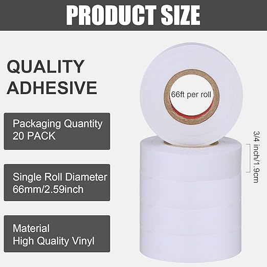 Treela 20 Rolls Electrical Tape 3/4 Inch Waterproof Vinyl Electrical Insulating Tape Flame Retardant Indoor Outdoor High Temperature Resistance Accessory for Wire and Cable(White,66 ft)