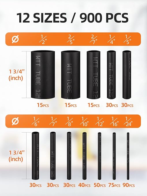 Eventronic 900PCS Wire Heat Shrink Tubing Kit, Industrial Heat-Shrink Tubing for Wires, 2:1 Marine Grade Heat Shrink Wrap, Premium Large Electrical Waterproof Heat Shrink Tape (Black 12 Sizes)