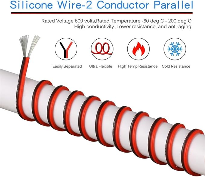 BNTECHGO 22 Gauge Flexible 2 Conductor Parallel Silicone Wire Spool Red Black High Resistant 200 deg C 600V for Single Color LED Strip Extension Cable Cord,Model,100ft Stranded Tinned Copper Wire