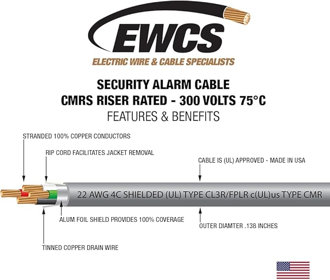 22 AWG 4/C Stranded 100% Copper EWCS CMR Riser Rated Shielded Sound & Security Cable UL Listed 300 Volts - 500 Feet