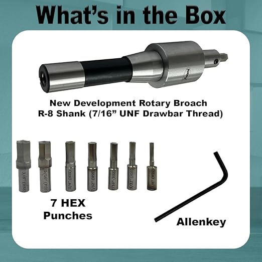 Assorts Precision Rotary Broach – R8 Shank (7/16" UNF) with HSS Hex Punches – CNC, Lathe, Milling & Drilling Compatible
