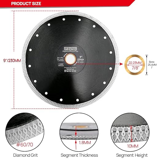 DT-DIATOOL Diamond Tile Blade 9 Inch 2pcs Diamond Turbo X Mesh Rim Segement Circular Saw Blade for Procelain Ceramic Stoneware Marble Granite Fits 5/8"-7/8" Arbor