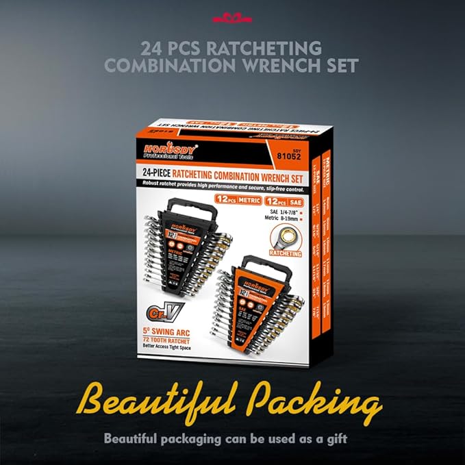 HORUSDY 24-Piece Ratcheting Wrench Set | Metric and SAE | Ratchet Combination Wrenches Set with Organizer | 72-Teeth | Chrome Vanadium Steel | 8-19 mm & 1/4” to 7/8“